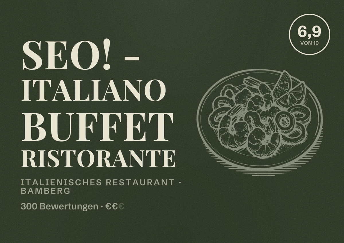 Illustriertes Poster von SEO! - italiano buffet ristorante, Italienisches Restaurant in Bamberg: Bewertung 6,9 von 10 aus 300 Bewertungen, Preisniveau €€