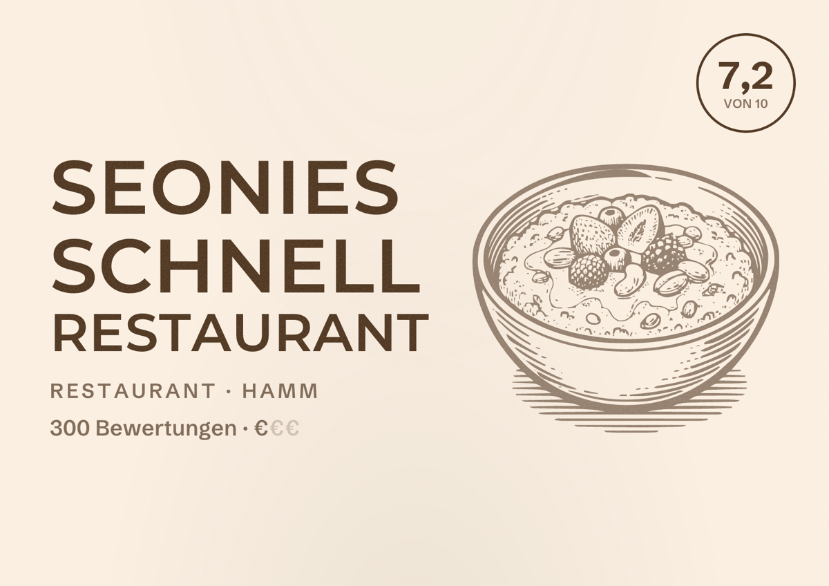 Illustriertes Poster von Seonies Schnell Restaurant, Restaurant in Hamm: Bewertung 7,2 von 10 aus 300 Bewertungen, Preisniveau €