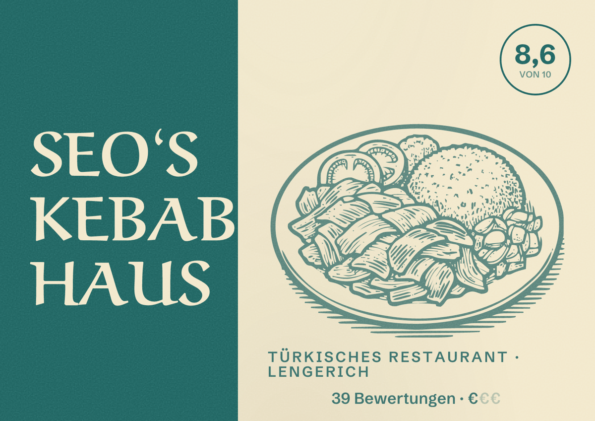 Illustriertes Poster von SEO‘S KEBAB HAUS, Türkisches Restaurant in Lengerich: Bewertung 8,6 von 10 aus 39 Bewertungen, Preisniveau €