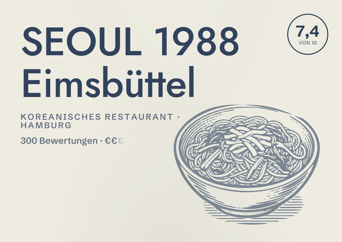 Illustriertes Poster von SEOUL 1988 Eimsbüttel, Koreanisches Restaurant in Hamburg: Bewertung 7,4 von 10 aus 300 Bewertungen, Preisniveau €€