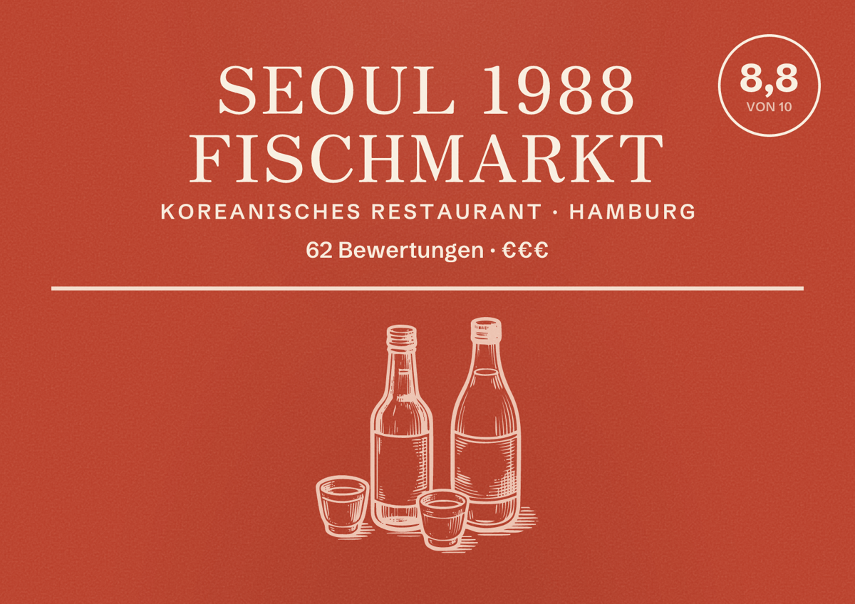 Illustriertes Poster von SEOUL 1988 Fischmarkt, Koreanisches Restaurant in Hamburg: Bewertung 8,8 von 10 aus 62 Bewertungen, Preisniveau €€€