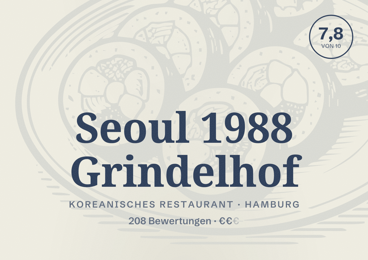 Illustriertes Poster von Seoul 1988 Grindelhof, Koreanisches Restaurant in Hamburg: Bewertung 7,8 von 10 aus 208 Bewertungen, Preisniveau €€