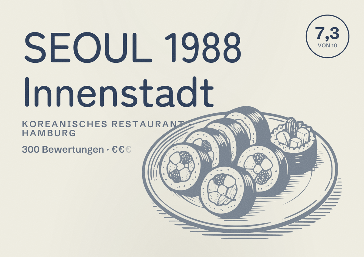 Illustriertes Poster von SEOUL 1988 Innenstadt, Koreanisches Restaurant in Hamburg: Bewertung 7,3 von 10 aus 300 Bewertungen, Preisniveau €€