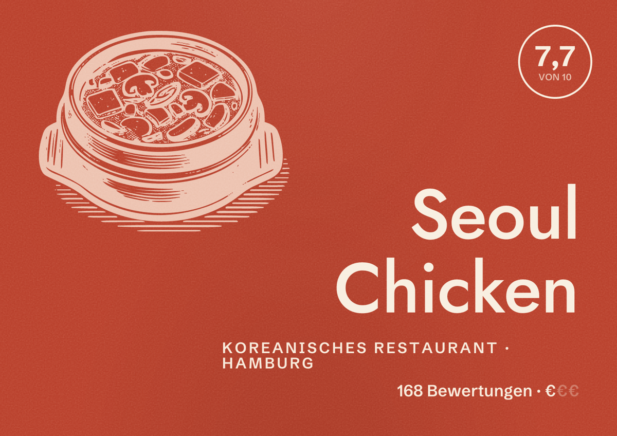 Illustriertes Poster von Seoul Chicken, Koreanisches Restaurant in Hamburg: Bewertung 7,7 von 10 aus 168 Bewertungen, Preisniveau €