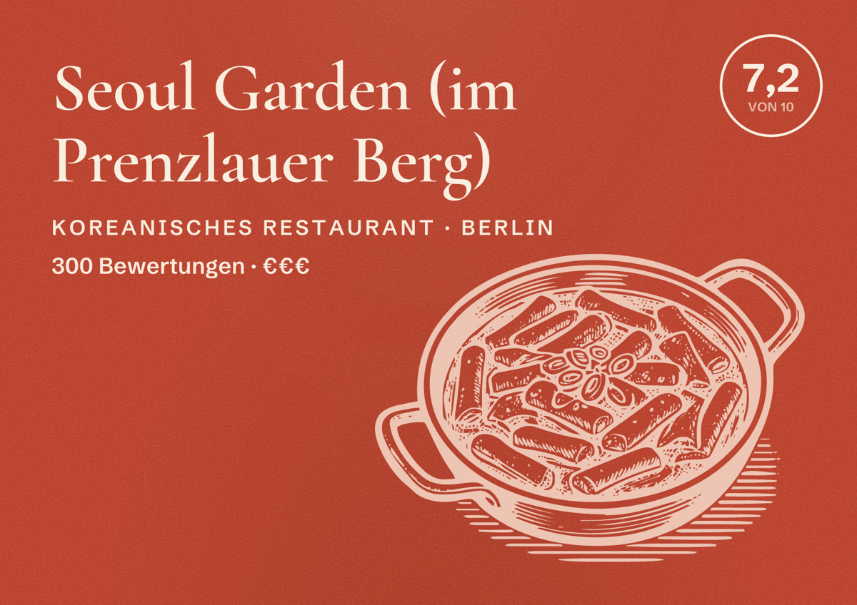 Illustriertes Poster von Seoul Garden (im Prenzlauer Berg), Koreanisches Restaurant in Berlin: Bewertung 7,2 von 10 aus 300 Bewertungen, Preisniveau €€€