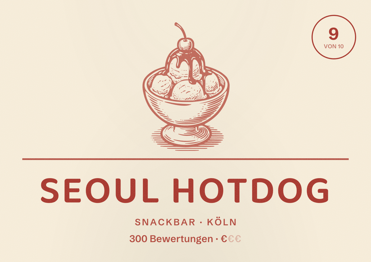 Illustriertes Poster von Seoul Hotdog, Snackbar in Köln: Bewertung 9,0 von 10 aus 300 Bewertungen, Preisniveau €