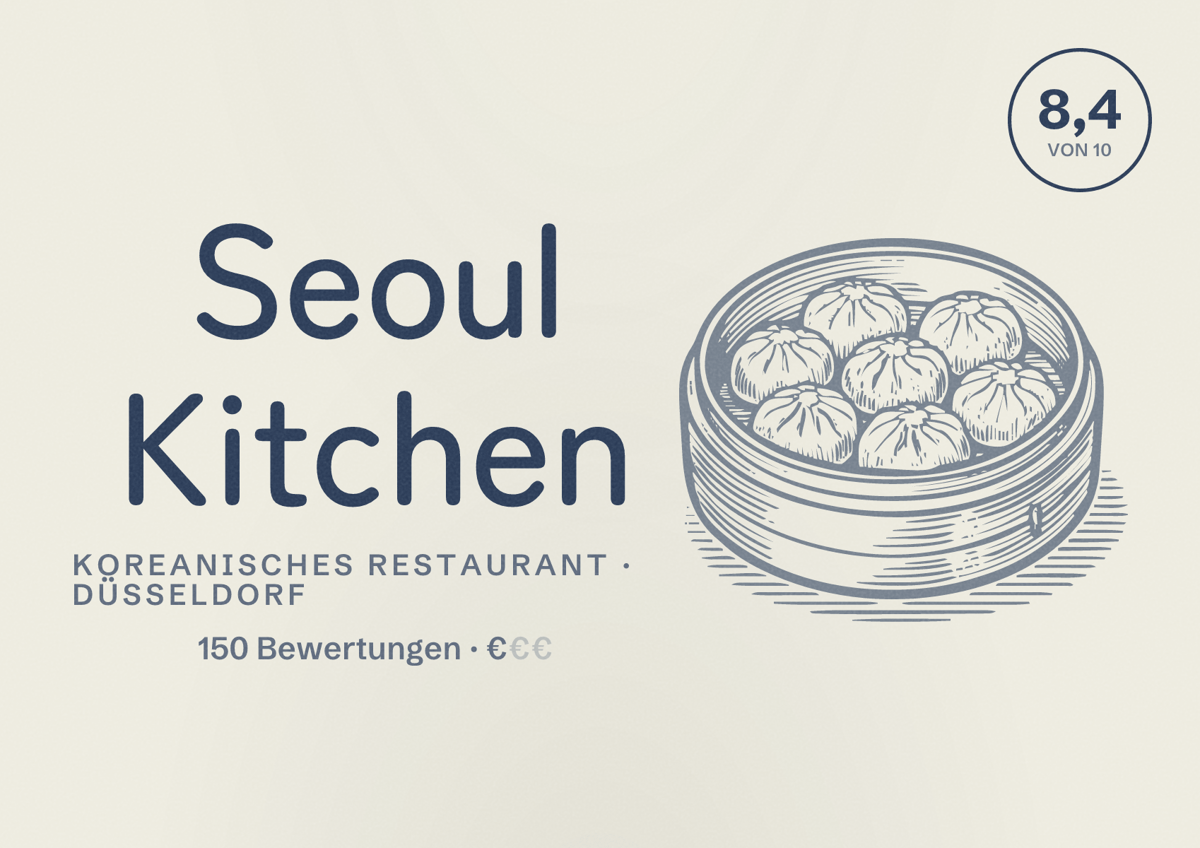 Illustriertes Poster von Seoul Kitchen, Koreanisches Restaurant in Düsseldorf: Bewertung 8,4 von 10 aus 150 Bewertungen, Preisniveau €