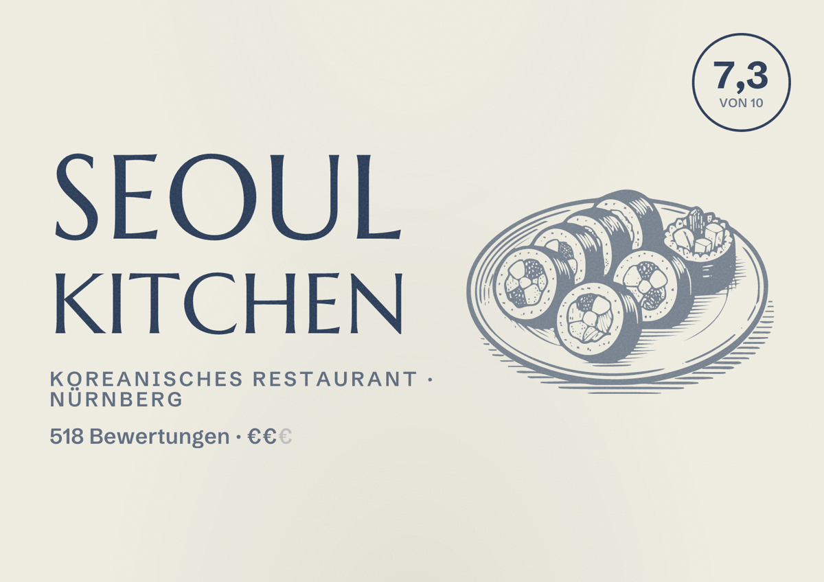 Illustriertes Poster von Seoul Kitchen, Koreanisches Restaurant in Nürnberg: Bewertung 7,3 von 10 aus 518 Bewertungen, Preisniveau €€
