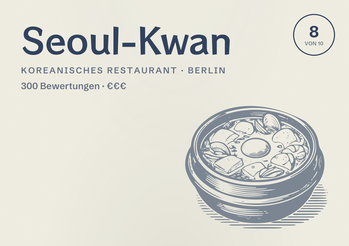 Illustriertes Poster von Seoul-Kwan, Koreanisches Restaurant in Berlin: Bewertung 8,0 von 10 aus 300 Bewertungen, Preisniveau €€€