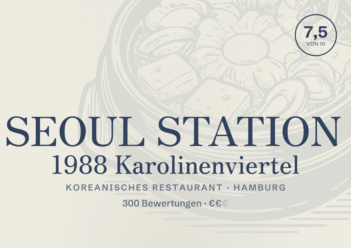 Illustriertes Poster von SEOUL STATION 1988 Karolinenviertel, Koreanisches Restaurant in Hamburg: Bewertung 7,5 von 10 aus 300 Bewertungen, Preisniveau €€