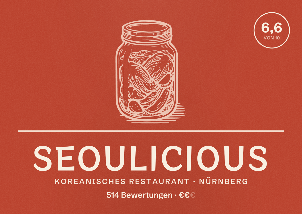 Illustriertes Poster von Seoulicious, Koreanisches Restaurant in Nürnberg: Bewertung 6,6 von 10 aus 514 Bewertungen, Preisniveau €€