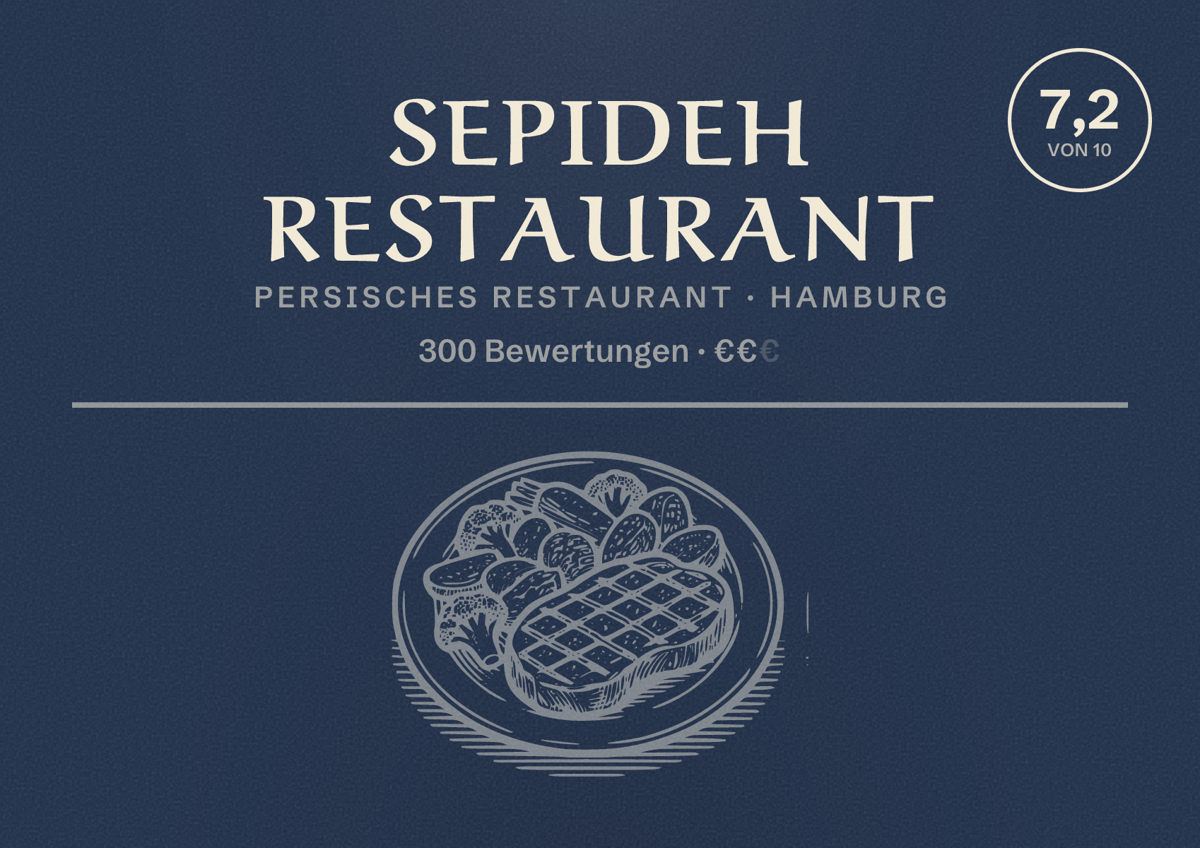 Illustriertes Poster von Sepideh Restaurant, Persisches Restaurant in Hamburg: Bewertung 7,2 von 10 aus 300 Bewertungen, Preisniveau €€