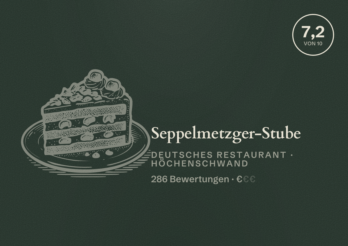 Illustriertes Poster von Seppelmetzger-Stube, Deutsches Restaurant in Höchenschwand: Bewertung 7,2 von 10 aus 286 Bewertungen, Preisniveau €