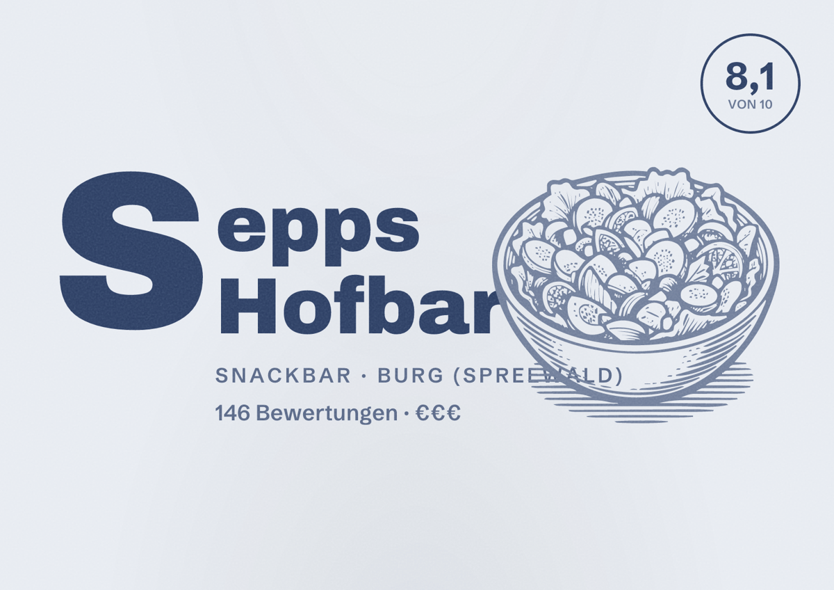 Illustriertes Poster von Sepps Hofbar, Snackbar in Burg (Spreewald): Bewertung 8,1 von 10 aus 146 Bewertungen, Preisniveau €€€