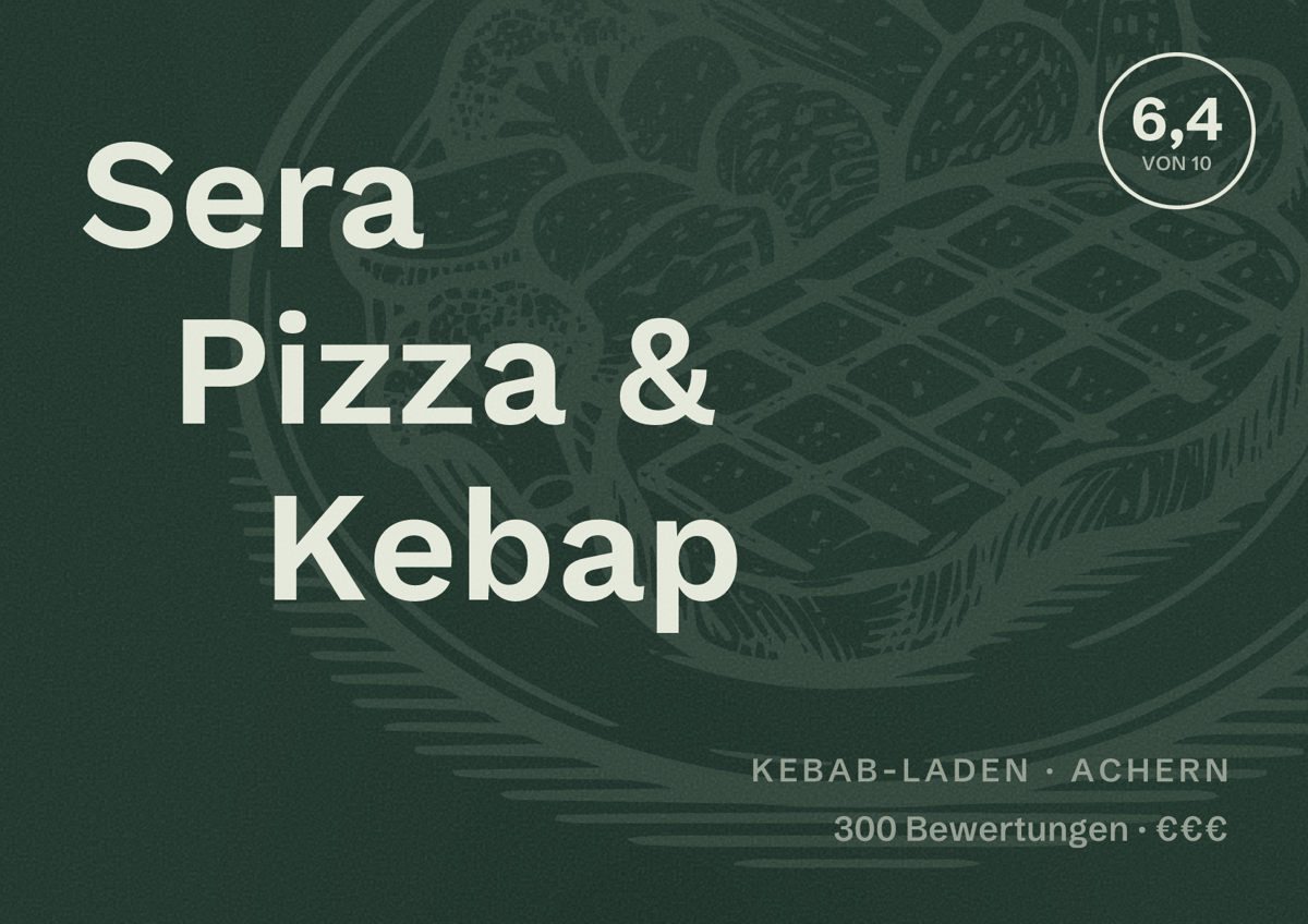 Illustriertes Poster von Sera Pizza & Kebap, Kebab-Laden in Achern: Bewertung 6,4 von 10 aus 300 Bewertungen, Preisniveau €€€