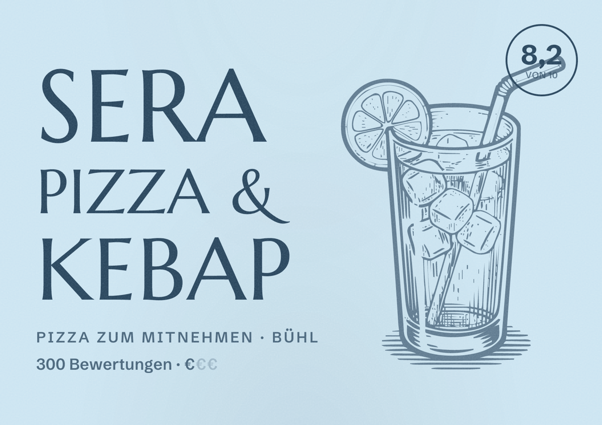 Illustriertes Poster von Sera Pizza & Kebap, Pizza zum Mitnehmen in Bühl: Bewertung 8,2 von 10 aus 300 Bewertungen, Preisniveau €