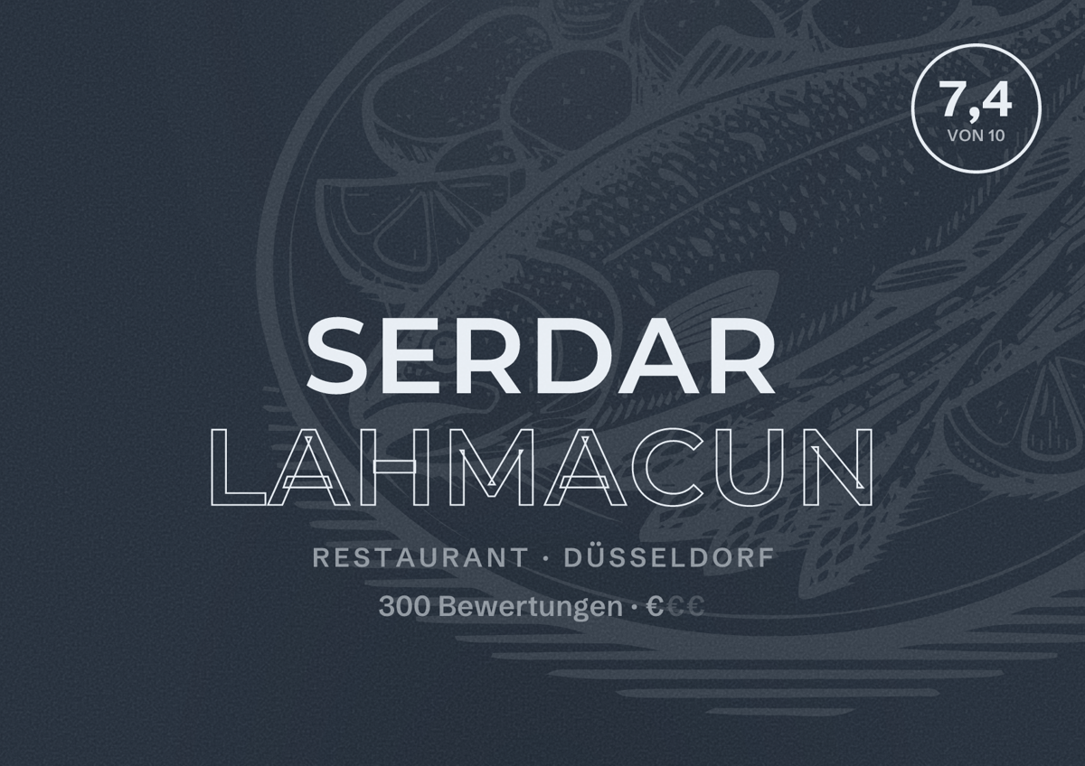 Illustriertes Poster von Serdar Lahmacun, Restaurant in Düsseldorf: Bewertung 7,4 von 10 aus 300 Bewertungen, Preisniveau €