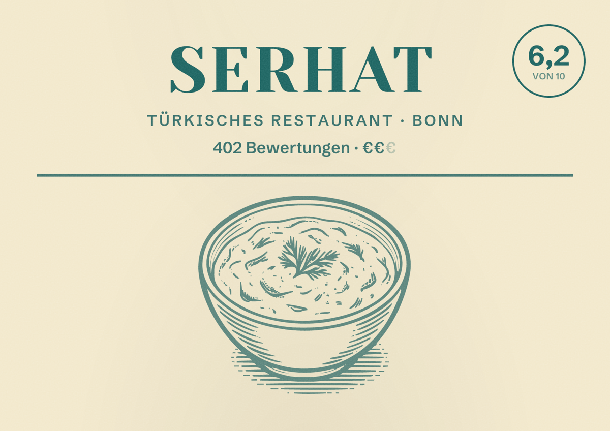 Illustriertes Poster von Serhat, Türkisches Restaurant in Bonn: Bewertung 6,2 von 10 aus 402 Bewertungen, Preisniveau €€