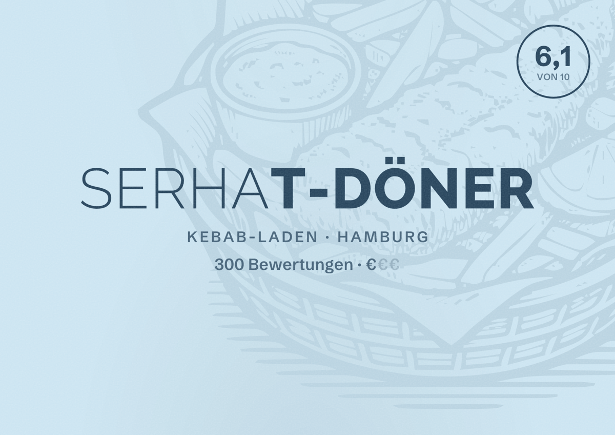 Illustriertes Poster von SERHAT-Döner, Kebab-Laden in Hamburg: Bewertung 6,1 von 10 aus 300 Bewertungen, Preisniveau €