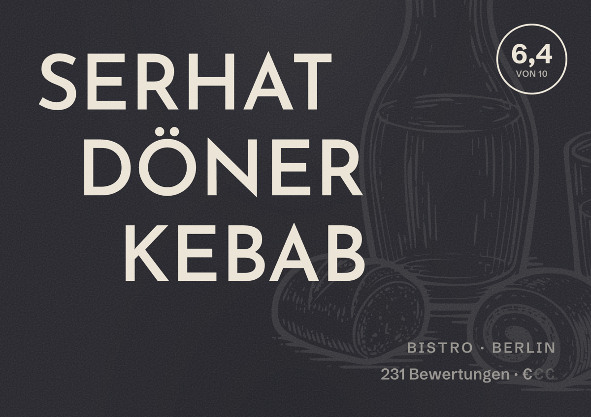 Illustriertes Poster von SERHAT DÖNER KEBAB, Bistro in Berlin: Bewertung 6,4 von 10 aus 231 Bewertungen, Preisniveau €