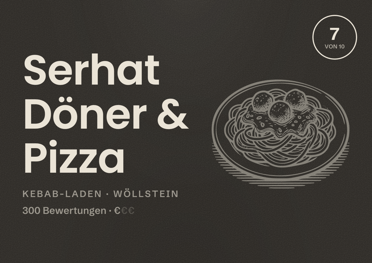 Illustriertes Poster von Serhat Döner & Pizza, Kebab-Laden in Wöllstein: Bewertung 7 von 10 aus 300 Bewertungen, Preisniveau €