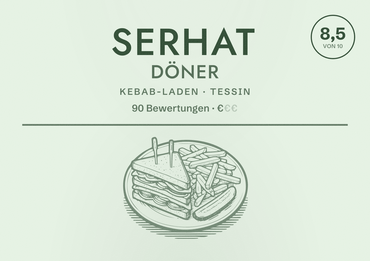 Illustriertes Poster von Serhat döner, Kebab-Laden in Tessin: Bewertung 8,5 von 10 aus 90 Bewertungen, Preisniveau €