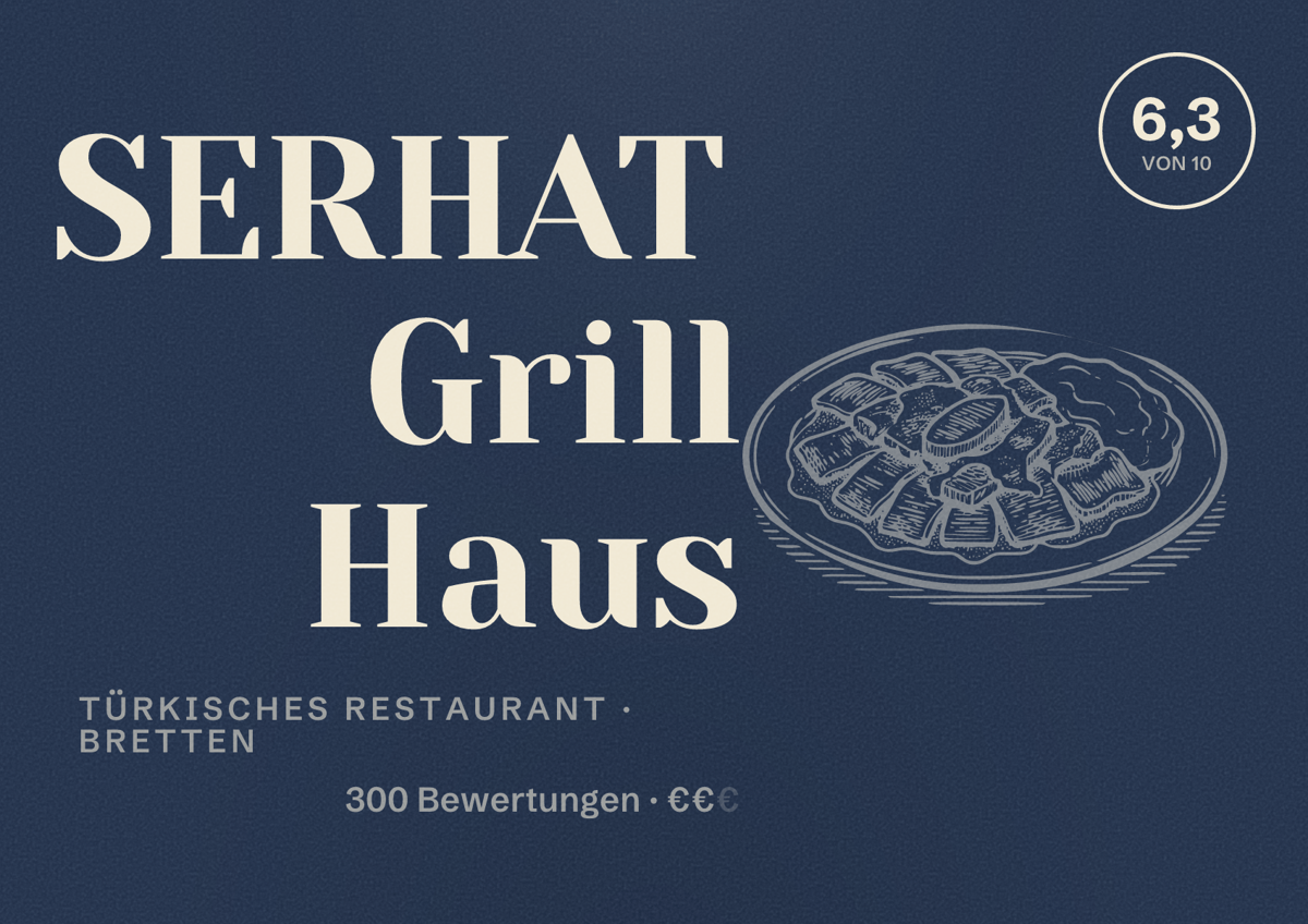 Illustriertes Poster von SERHAT Grill Haus, Türkisches Restaurant in Bretten: Bewertung 6,3 von 10 aus 300 Bewertungen, Preisniveau €€