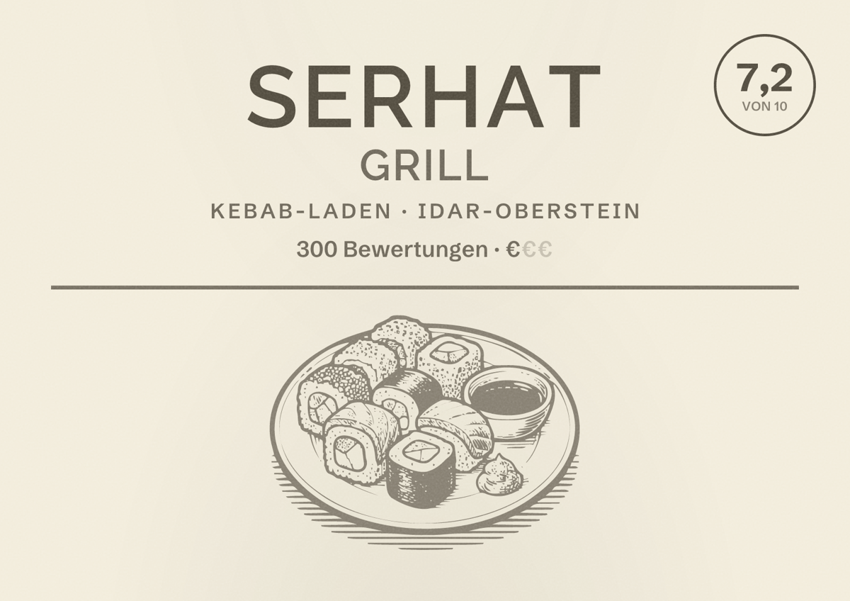 Illustriertes Poster von Serhat Grill, Kebab-Laden in Idar-Oberstein: Bewertung 7,2 von 10 aus 300 Bewertungen, Preisniveau €