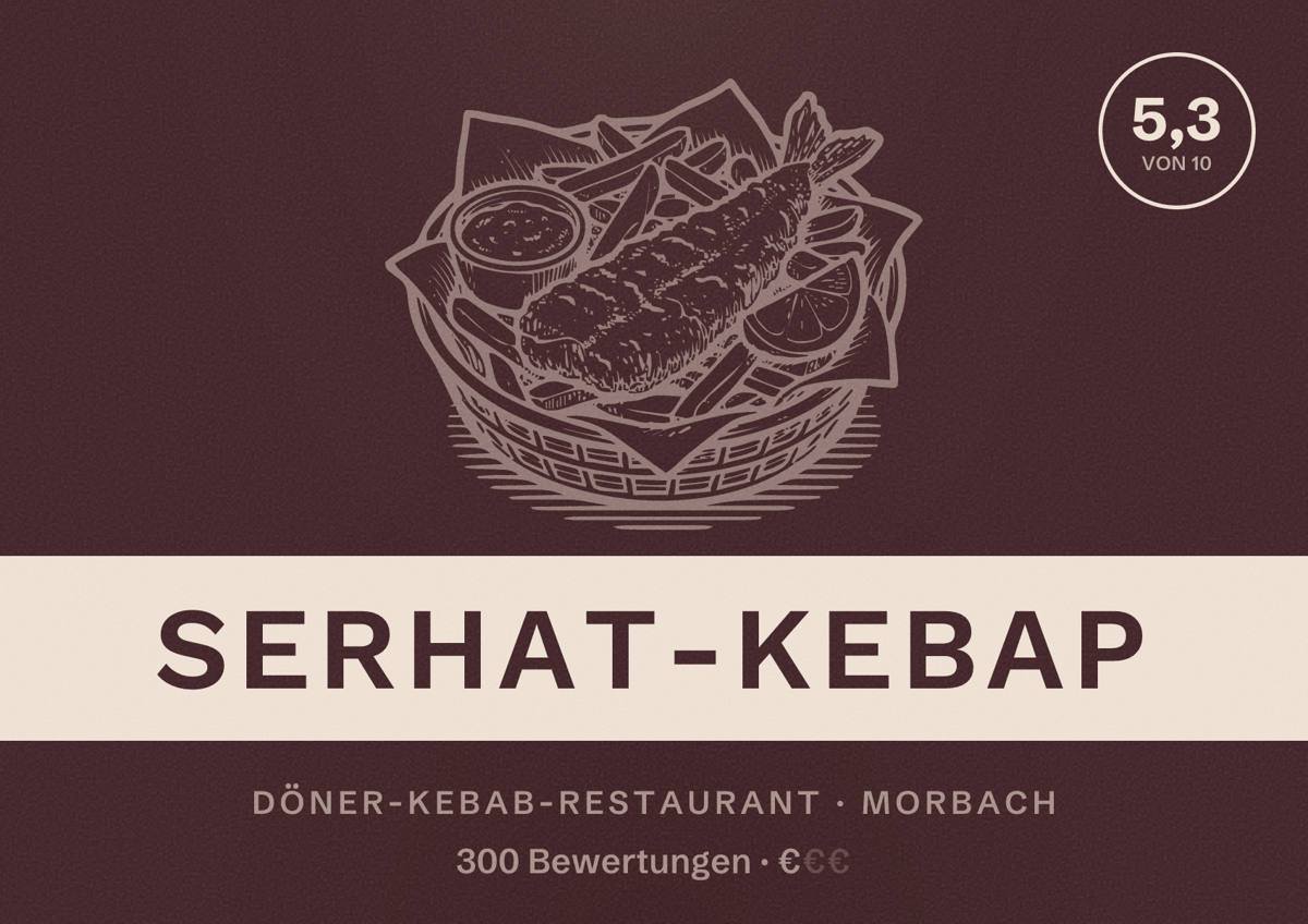 Illustriertes Poster von Serhat-Kebap, Döner-Kebab-Restaurant in Morbach: Bewertung 5,3 von 10 aus 300 Bewertungen, Preisniveau €