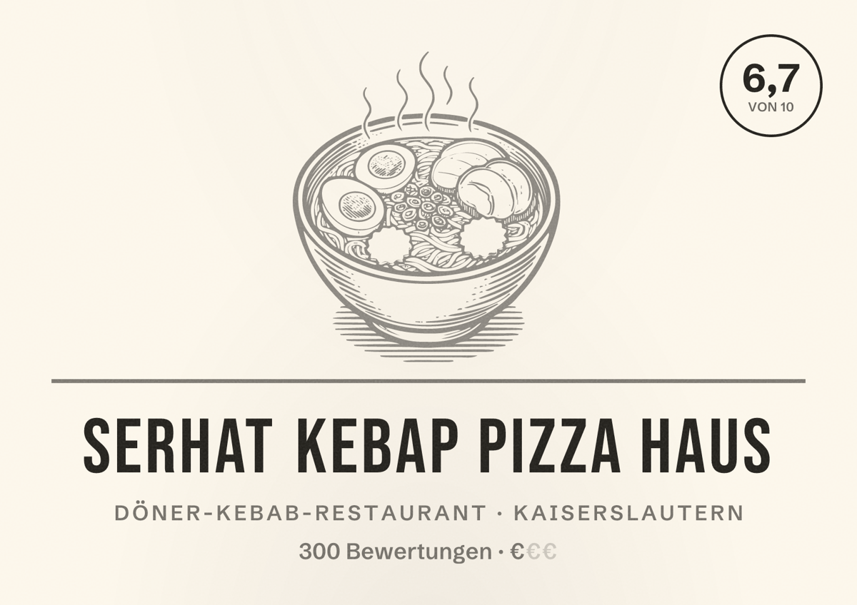 Illustriertes Poster von Serhat Kebap Pizza Haus, Döner-Kebab-Restaurant in Kaiserslautern: Bewertung 6,7 von 10 aus 300 Bewertungen, Preisniveau €