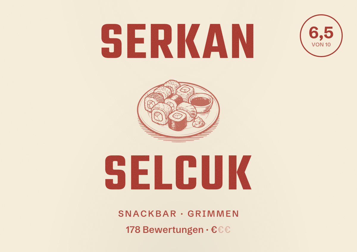 Illustriertes Poster von Serkan Selcuk, Snackbar in Grimmen: Bewertung 6,5 von 10 aus 178 Bewertungen, Preisniveau €