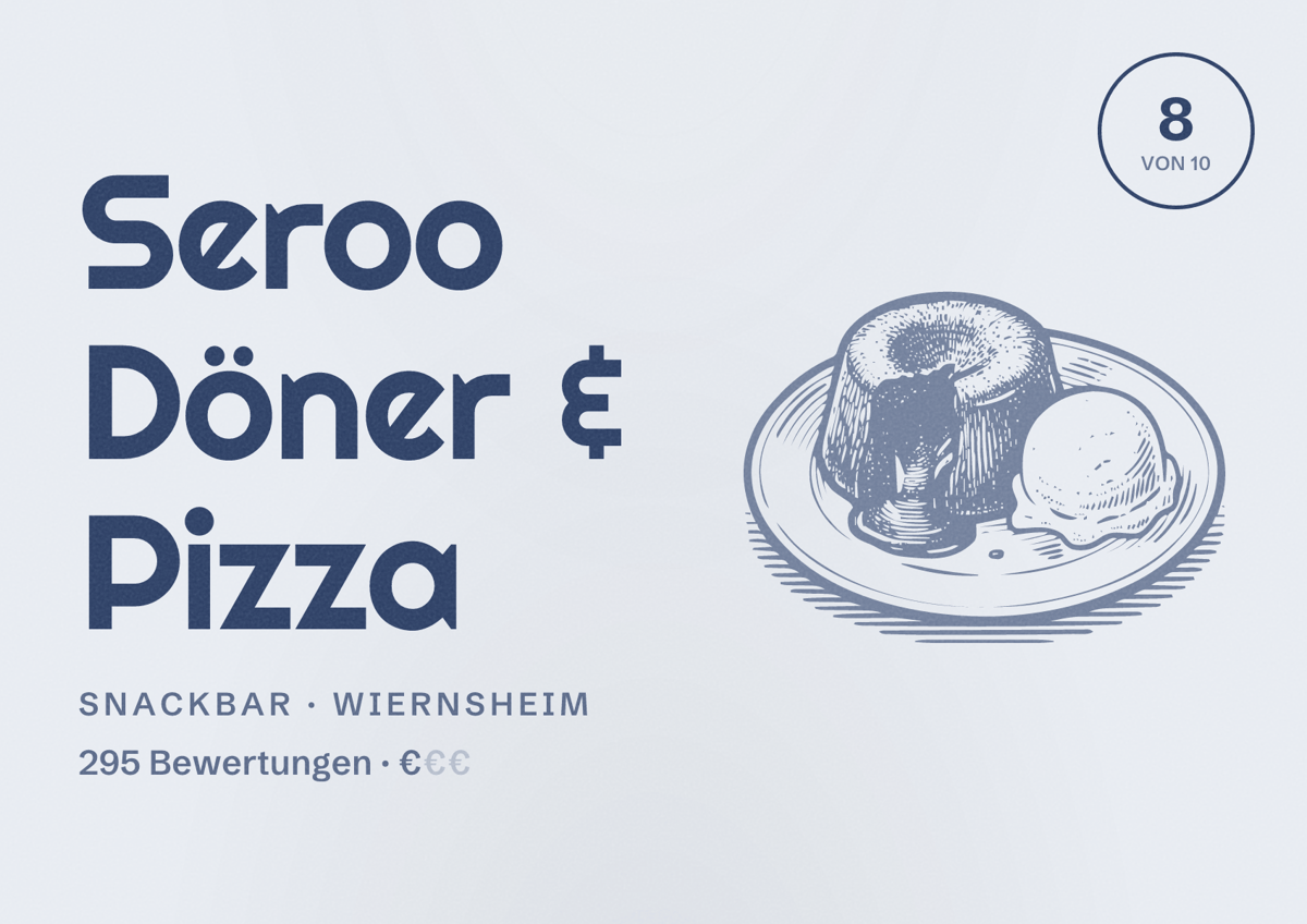 Illustriertes Poster von Seroo Döner & Pizza, Snackbar in Wiernsheim: Bewertung 8 von 10 aus 295 Bewertungen, Preisniveau €