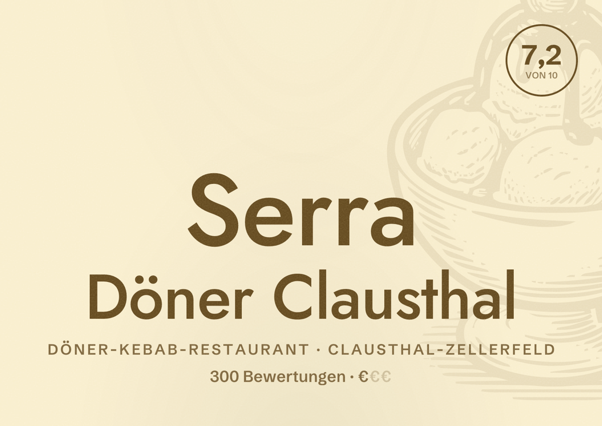 Illustriertes Poster von Serra Döner Clausthal, Döner-Kebab-Restaurant in Clausthal-Zellerfeld: Bewertung 7,2 von 10 aus 300 Bewertungen, Preisniveau €