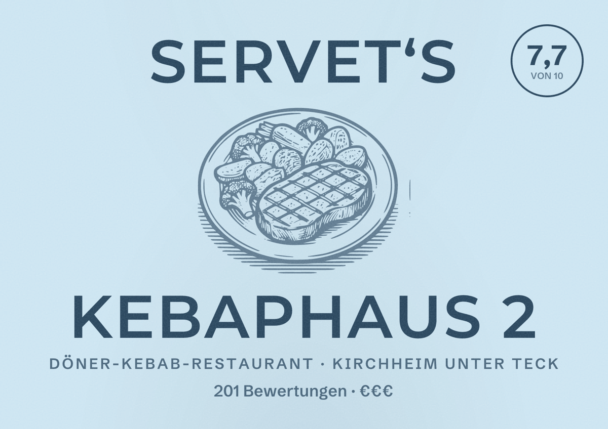 Illustriertes Poster von Servet‘s Kebaphaus 2, Döner-Kebab-Restaurant in Kirchheim unter Teck: Bewertung 7,7 von 10 aus 201 Bewertungen, Preisniveau €€€