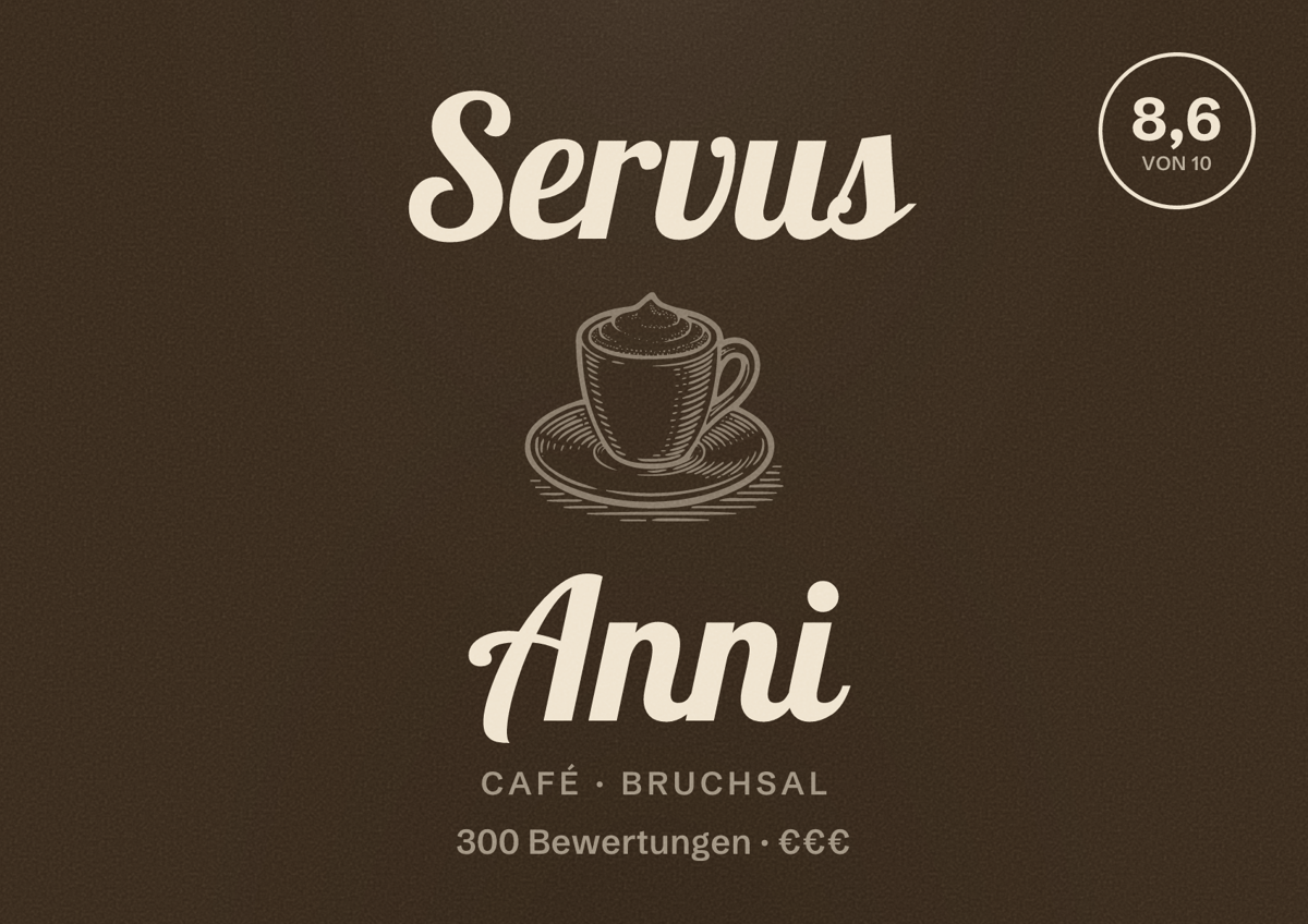 Illustriertes Poster von Servus Anni, Café in Bruchsal: Bewertung 8,6 von 10 aus 300 Bewertungen, Preisniveau €€€