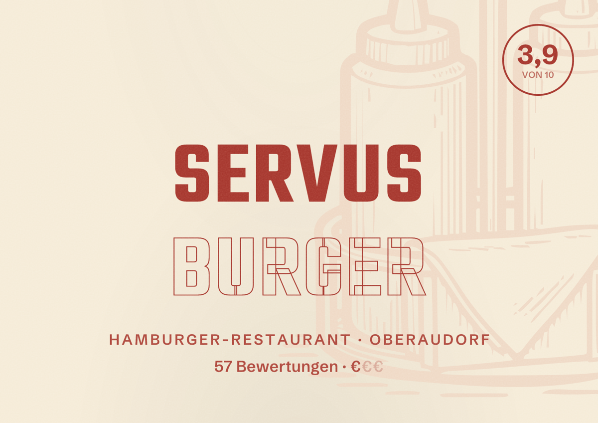 Illustriertes Poster von Servus Burger, Hamburger-Restaurant in Oberaudorf: Bewertung 3,9 von 10 aus 57 Bewertungen, Preisniveau €