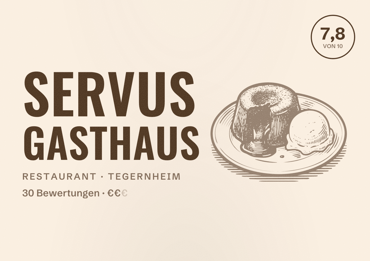 Illustriertes Poster von Servus Gasthaus, Restaurant in Tegernheim: Bewertung 7,8 von 10 aus 30 Bewertungen, Preisniveau €€