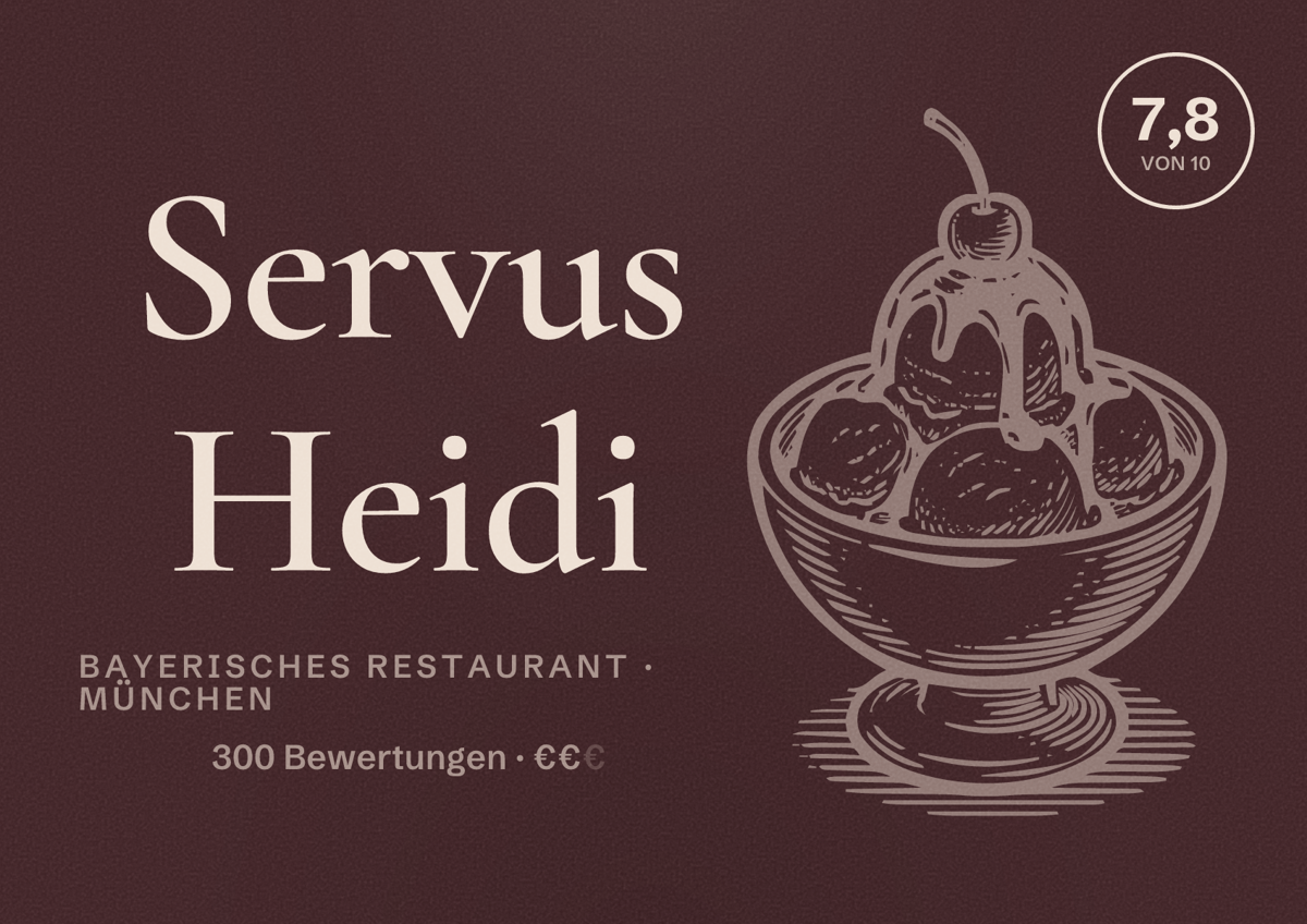 Illustriertes Poster von Servus Heidi, Bayerisches Restaurant in München: Bewertung 7,8 von 10 aus 300 Bewertungen, Preisniveau €€