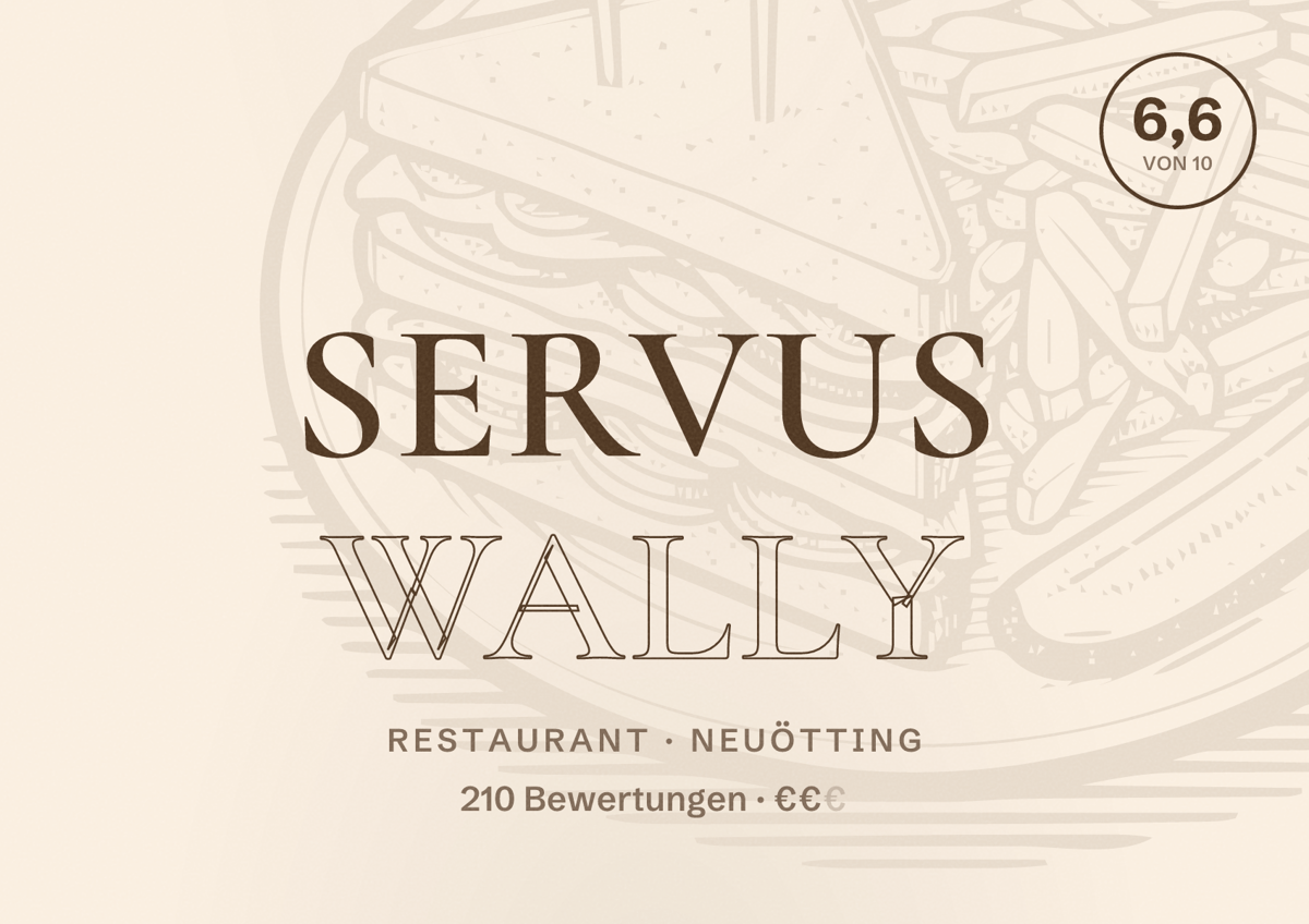 Illustriertes Poster von Servus Wally, Restaurant in Neuötting: Bewertung 6,6 von 10 aus 210 Bewertungen, Preisniveau €€