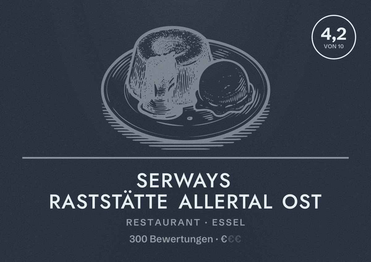 Illustriertes Poster von Serways Raststätte Allertal Ost, Restaurant in Essel: Bewertung 4,2 von 10 aus 300 Bewertungen, Preisniveau €