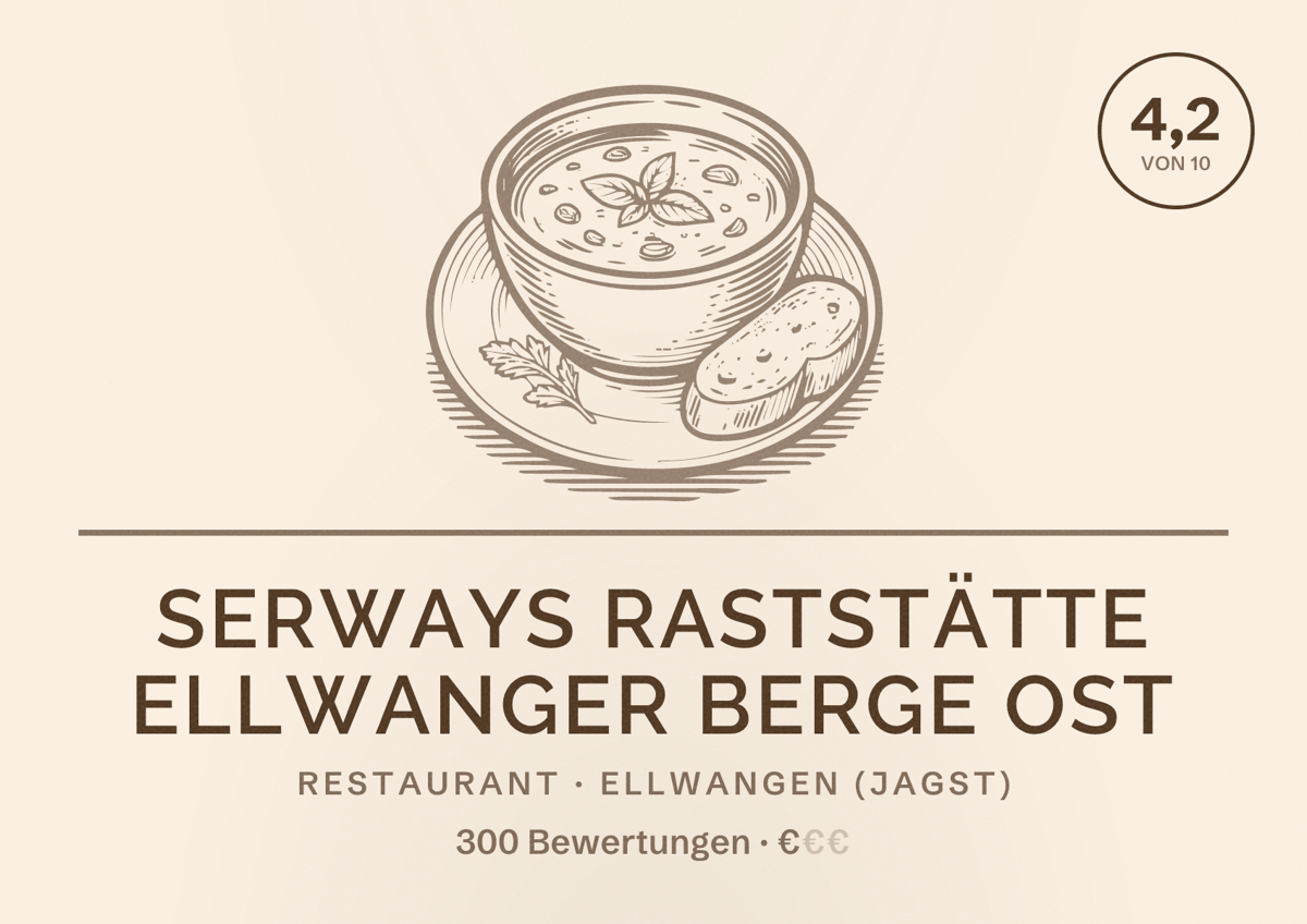 Illustriertes Poster von Serways Raststätte Ellwanger Berge Ost, Restaurant in Ellwangen (Jagst): Bewertung 4,2 von 10 aus 300 Bewertungen, Preisniveau €