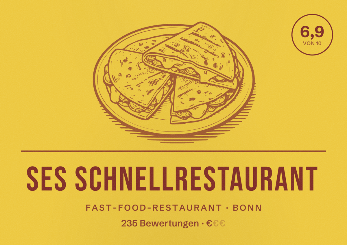 Illustriertes Poster von Ses Schnellrestaurant, Fast-Food-Restaurant in Bonn: Bewertung 6,9 von 10 aus 235 Bewertungen, Preisniveau €