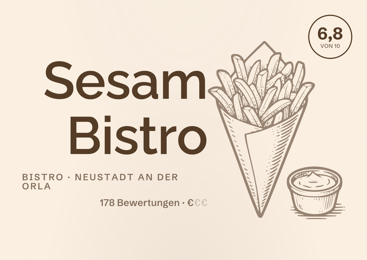 Illustriertes Poster von Sesam Bistro, Bistro in Neustadt an der Orla: Bewertung 6,8 von 10 aus 178 Bewertungen, Preisniveau €