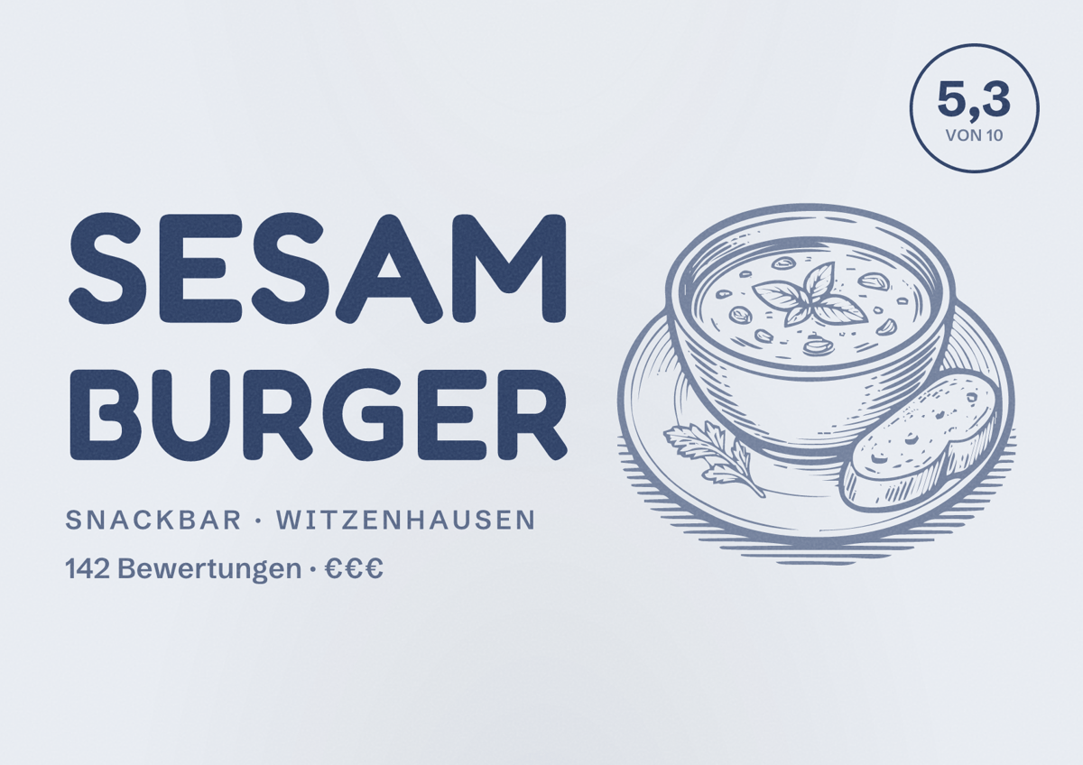 Illustriertes Poster von Sesam Burger, Snackbar in Witzenhausen: Bewertung 5,3 von 10 aus 142 Bewertungen, Preisniveau €€€