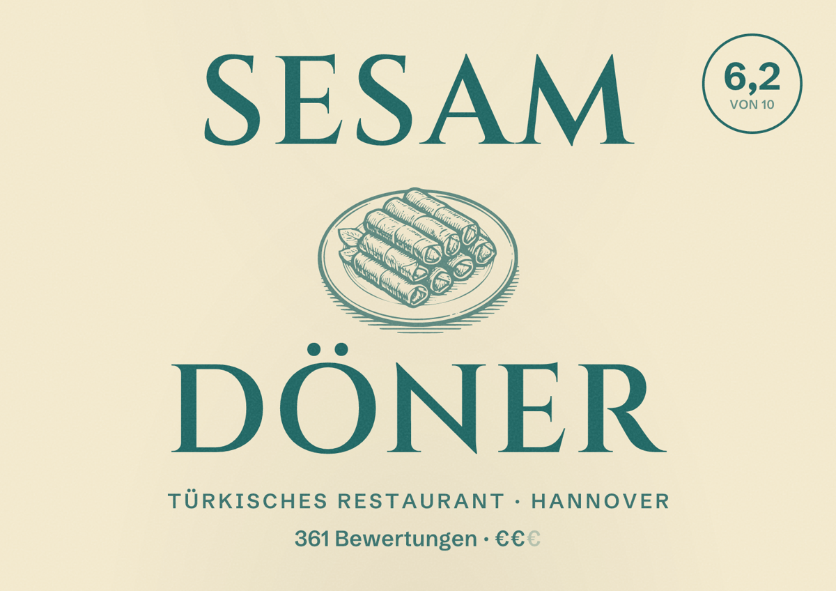 Illustriertes Poster von Sesam Döner, Türkisches Restaurant in Hannover: Bewertung 6,2 von 10 aus 361 Bewertungen, Preisniveau €€