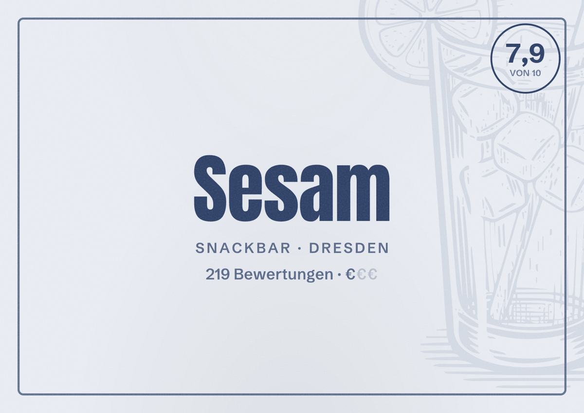 Illustriertes Poster von Sesam, Snackbar in Dresden: Bewertung 7,9 von 10 aus 219 Bewertungen, Preisniveau €
