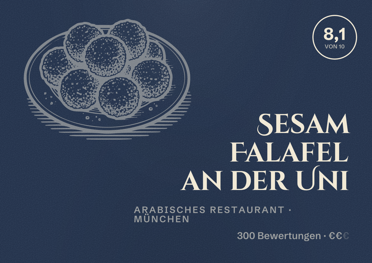 Illustriertes Poster von Sesam Falafel an der Uni, Arabisches Restaurant in München: Bewertung 8,1 von 10 aus 300 Bewertungen, Preisniveau €€