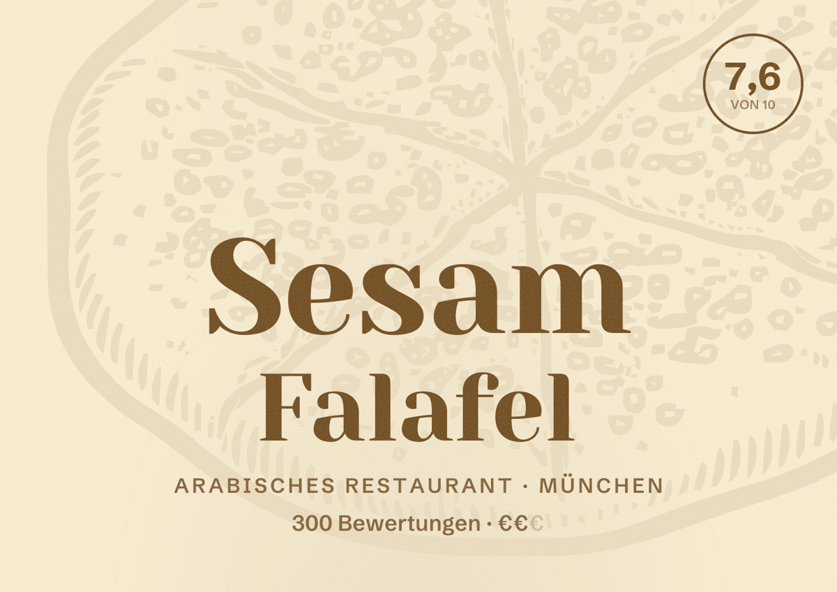 Illustriertes Poster von Sesam Falafel, Arabisches Restaurant in München: Bewertung 7,6 von 10 aus 300 Bewertungen, Preisniveau €€