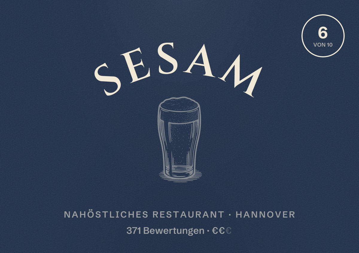 Illustriertes Poster von Sesam, Nahöstliches Restaurant in Hannover: Bewertung 6,0 von 10 aus 371 Bewertungen, Preisniveau €€