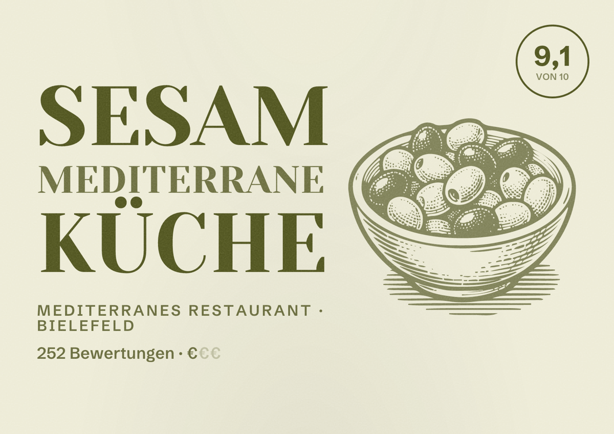 Illustriertes Poster von Sesam Mediterrane Küche, Mediterranes Restaurant in Bielefeld: Bewertung 9,1 von 10 aus 252 Bewertungen, Preisniveau €